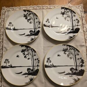 Antique 1911 Nippon Morimura Bread & Butter Plates 6.25" Lake Scene Black White